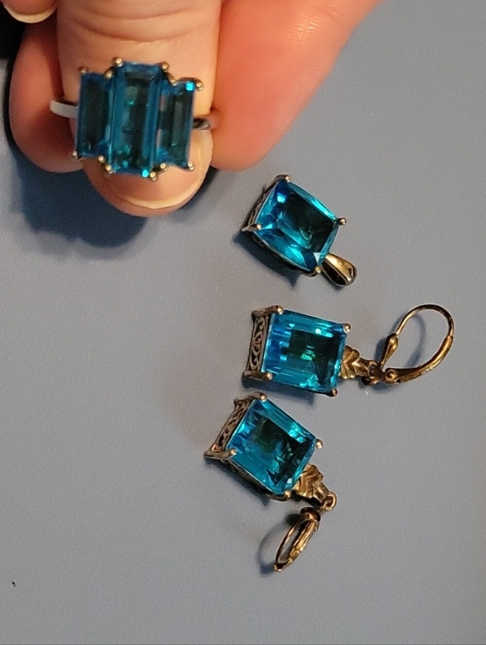 Caribbean Quartz Set W/ Ring, Pendant, & Earrings In Platinum Over Sterling